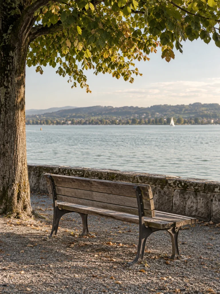 A simple timber bench beneath a lakeside tree overlooking calm water