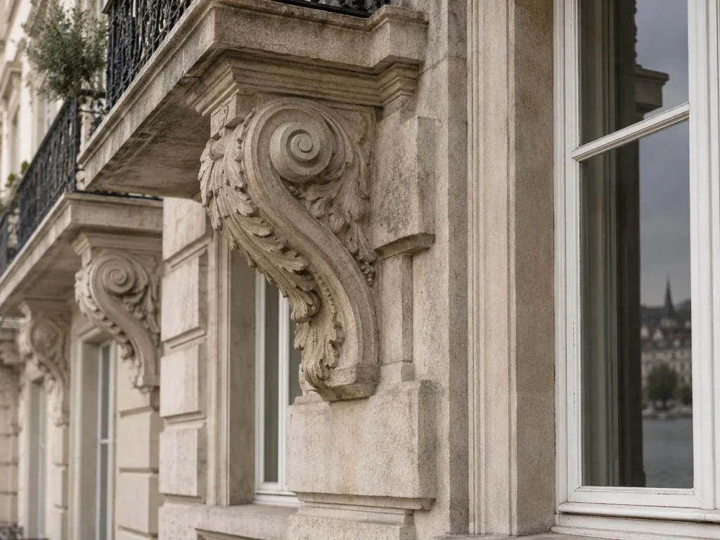 Carved sandstone balcony support beside a tall timber-framed window