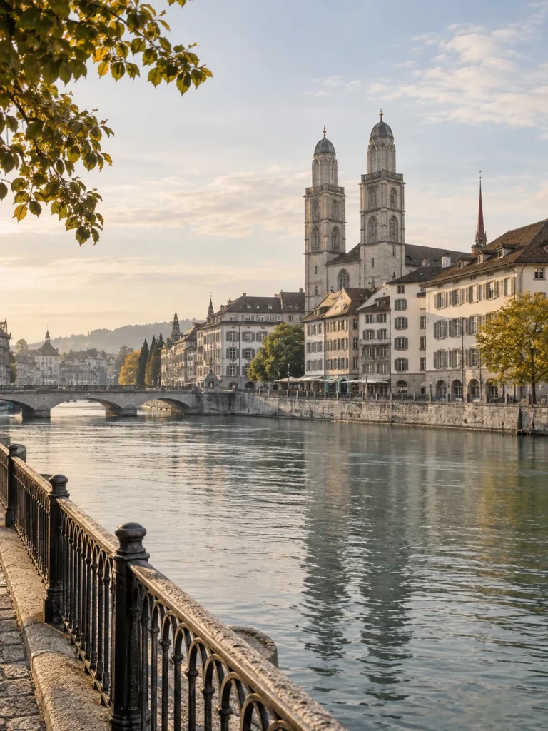 A riverside view toward the Grossmünster and Zurich old-town facades