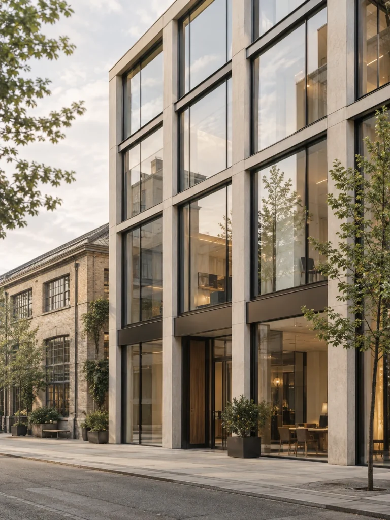 Glass and bronze window bays on a contemporary Zurich-inspired workspace