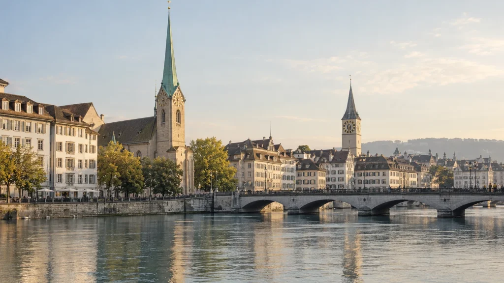 The Limmat, a stone bridge and the green spire of the Fraumünster