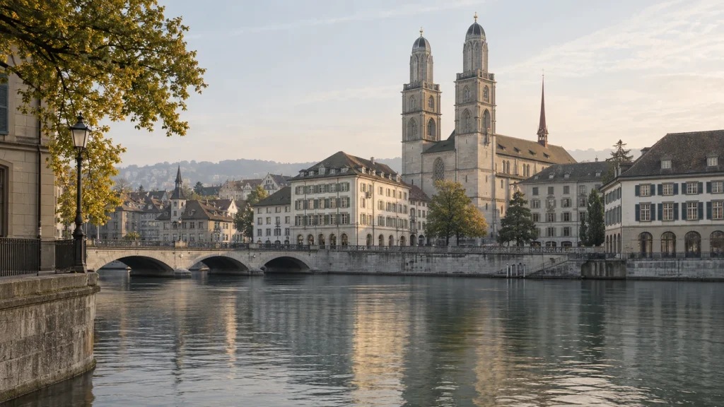 Twin towers of the Grossmünster above a stone bridge and the Limmat