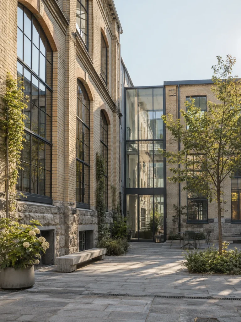 Restored brick workshop with steel-framed windows and a contemporary glazed addition