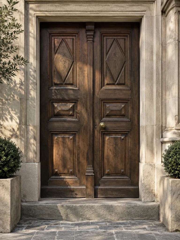 Oak door panels, an aged brass handle and a pale sandstone surround