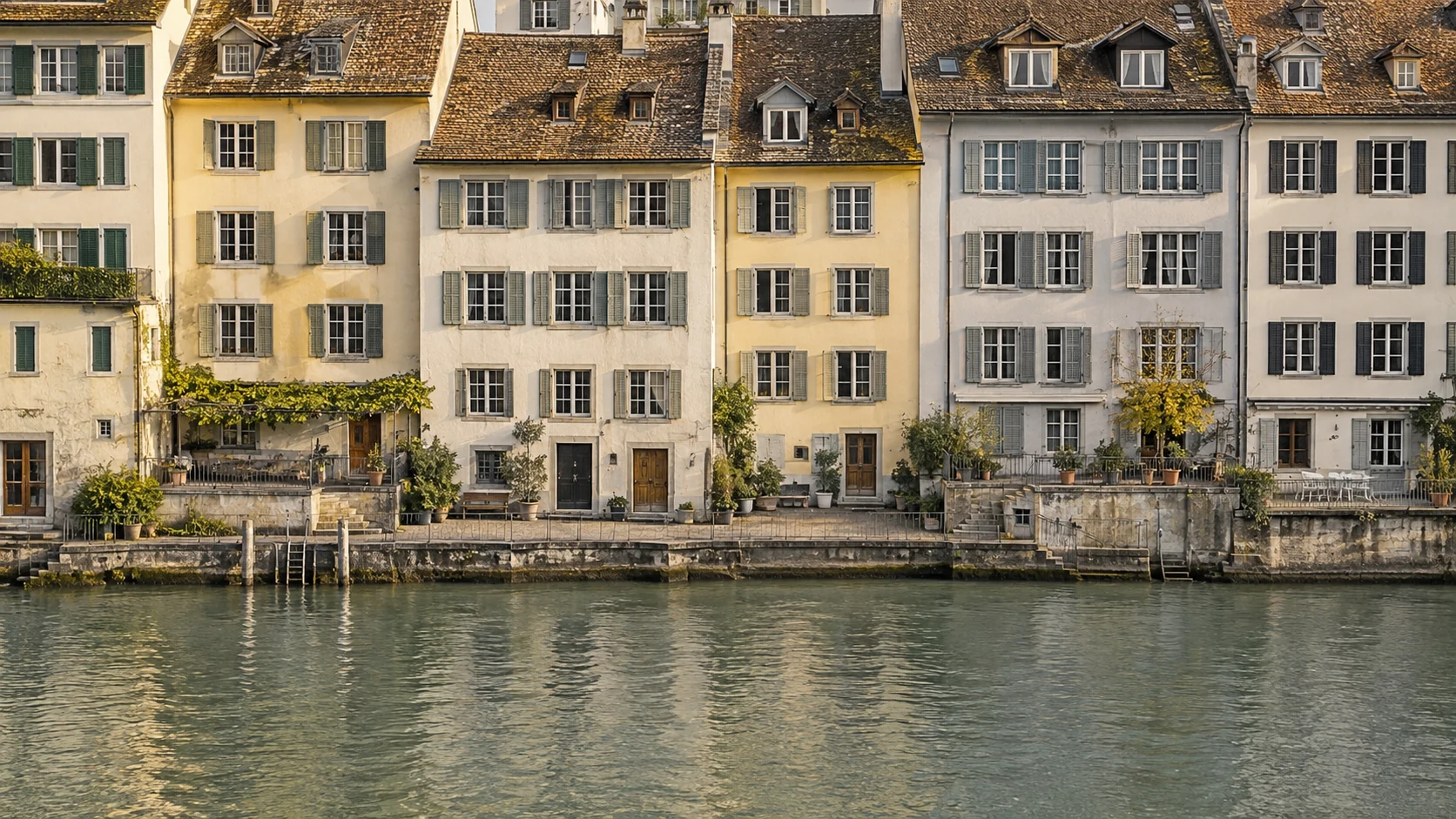 Pale riverside townhouses with shutters and tiled roofs above calm water