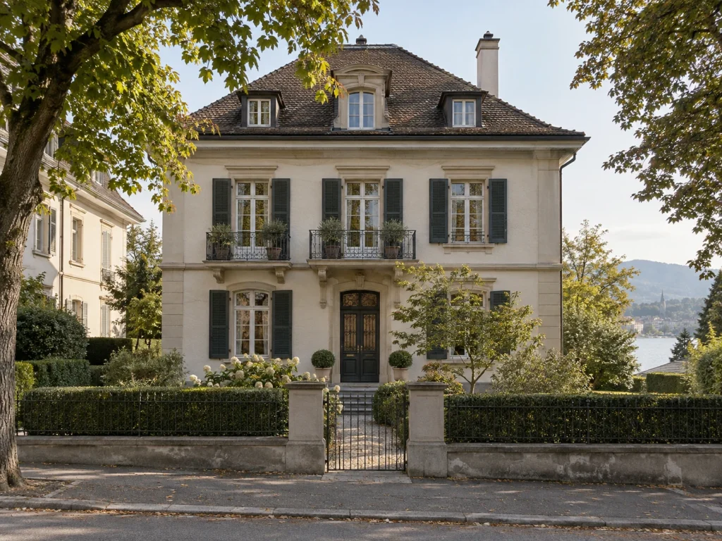 A carefully maintained residential building framed by mature garden trees