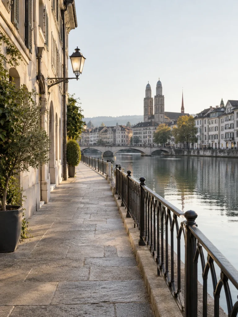 A quiet stone-paved walkway and iron railing beside the Limmat