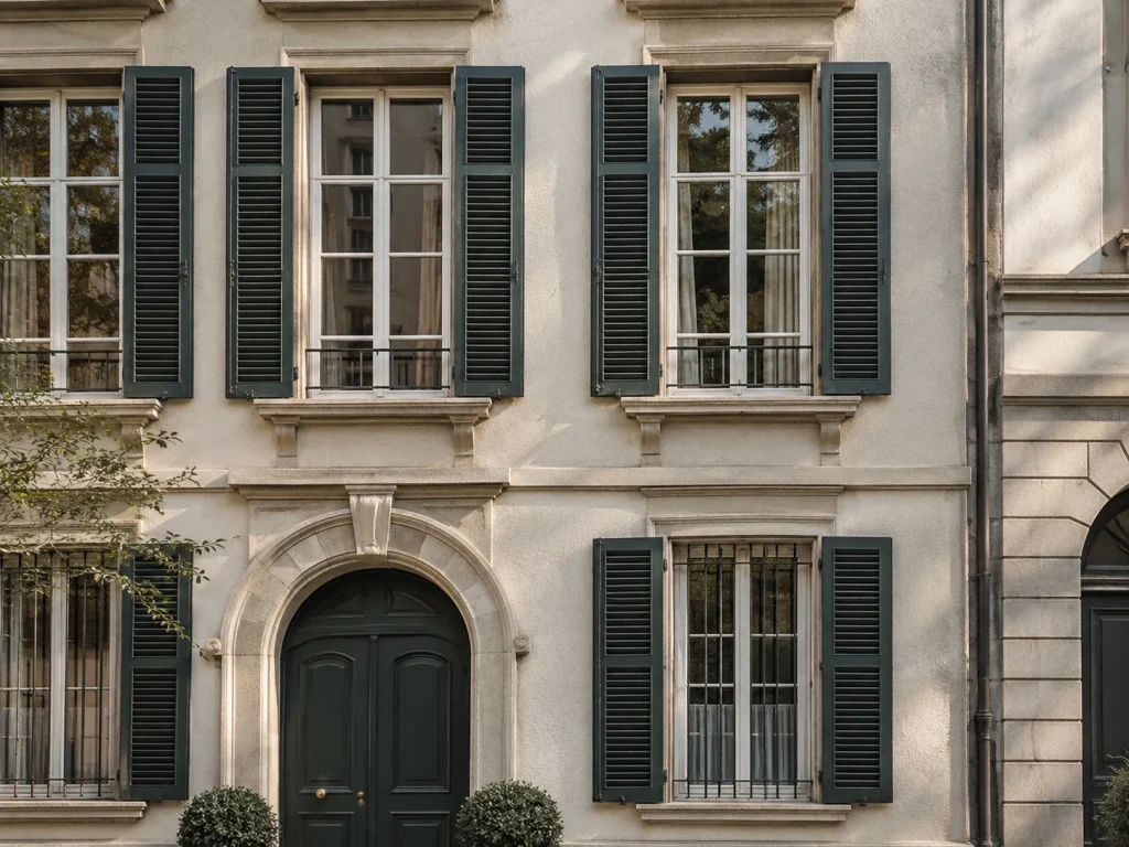 Ivory townhouse facade with charcoal-green shutters and sandstone window surrounds
